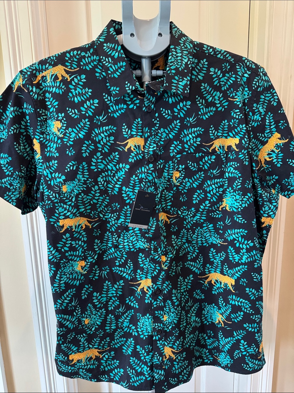 Marc Anthony Black Short-Sleeve Button-Down with Teal Leaf & Gold Cheetah Print